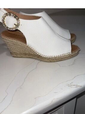 Anthropologie Size 39 Maypol Nemi Leather Wedge Sandals White Rhinestone Buckle